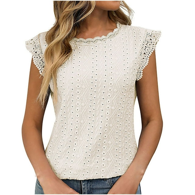 Timegard Camisole à Oeillets pour Femmes, Manches Courtes en Dentelle, Col Rond, T-Shirt d'Été Chic Décontracté, Tunique Confortable