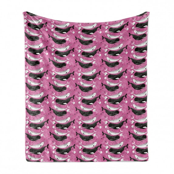 Whale Soft Flannel Fleece Throw Blanket, Narwhal Mammal Ocean Animal Open Sea Abstract Depiction Illustration, Cozy Plush for Indoor and Outdoor Use, 50" x 60", Pink and Charcoal Grey, by Ambesonne