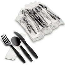 MT Products Individually Wrapped Black Plastic Cutlery Set with Napkin - Pack of 50