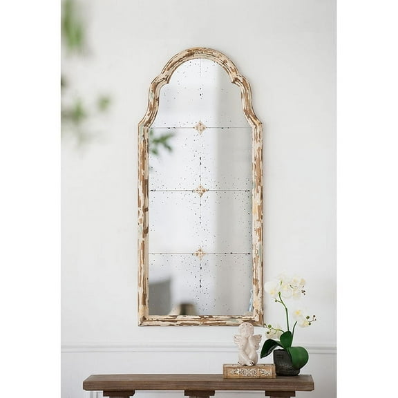 22" x 48" Large Cream & Gold Framed Wall Mirror, Wood Arched Mirror with Decorative