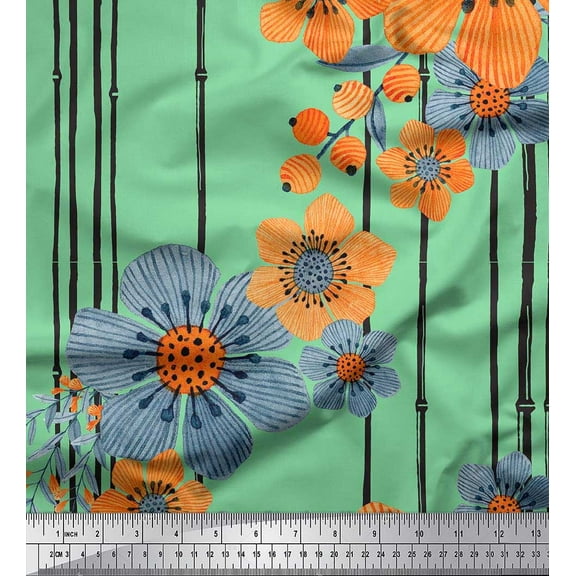 Soimoi Green Cotton Duck Fabric Leaves,Stripe & Floral Printed Fabric 1 Yard 42 Inch Wide