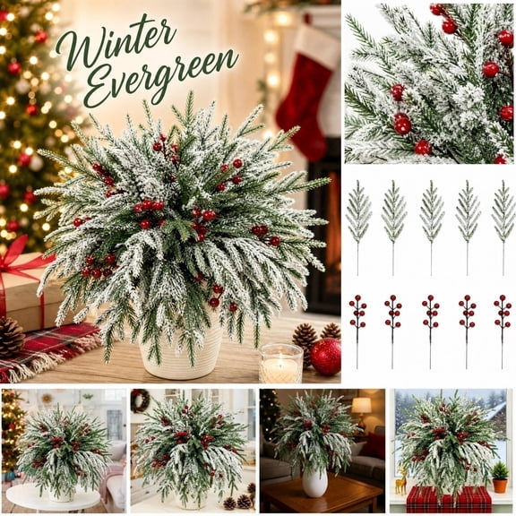 Norfolk Artificial Pine Branch Bouquet Red Berry Cedar Stem Floral Arrangement Set for Christmas Holiday Indoor Outdoor Scene Decoration