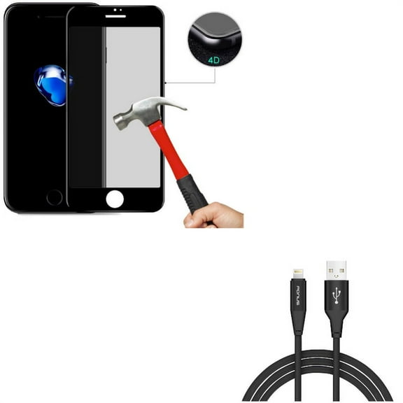 iPhone 7/8 PLUS Privacy Screen Protector w 6ft USB Cable - Tempered Glass Curved Anti-Spy Anti-Peep, Charger Cord Power Wire Braided for iPhone 8 PLUS/7 Plus