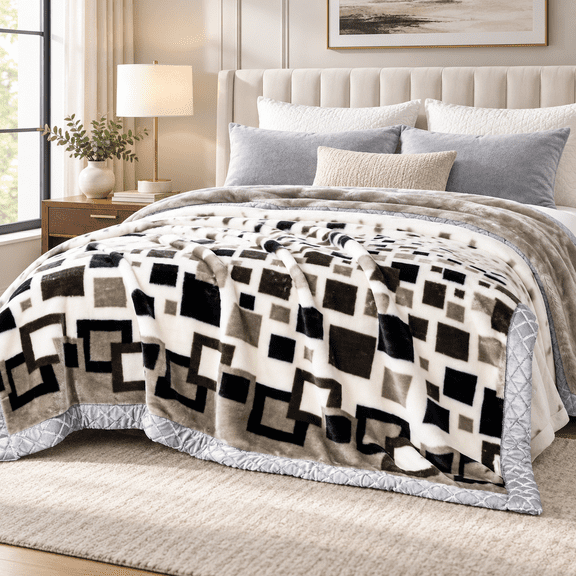 DBOZE Luxury Warm Plush Korean Mink Raschel Blanket, 2 Ply Reversible Silky Soft Winter King Size Blanket, Cream/Navy