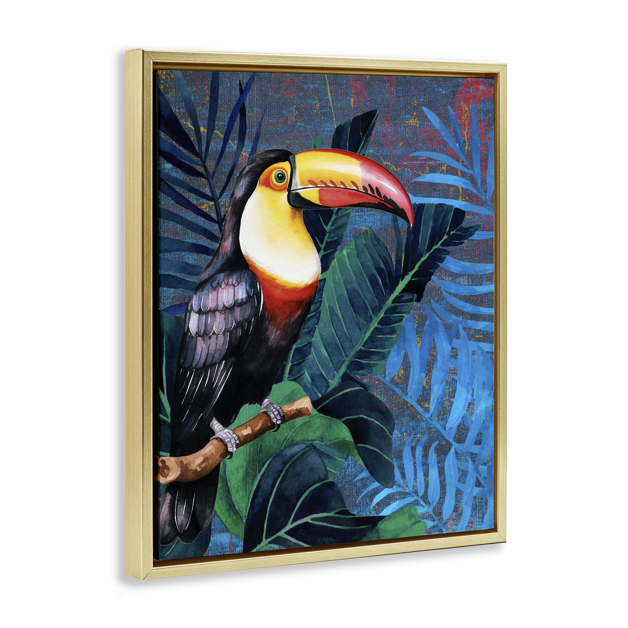 Stupell Industries Bright Toucan Among Leaves Animals Painting Gold Floater Framed Canvas Art Print Wall Art, 17 x 21
