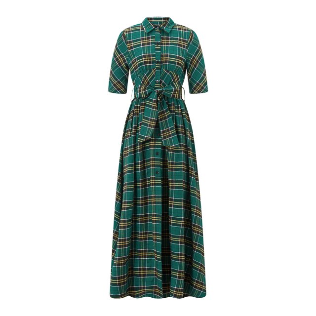 Vestido camisero largo con botones y cuadros navideños para mujer, corte A, cuello vuelto, media manga, vestido festivo con cinturón