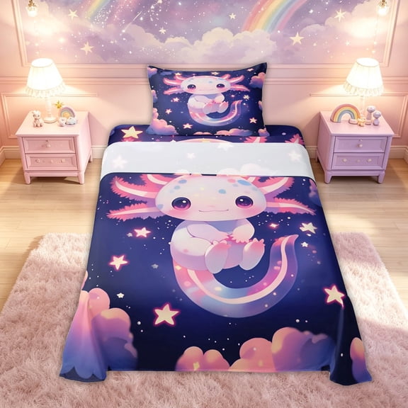 meiyoeat Kawaii Axolotl Twin Sheets for Kids Girls, Galaxy Star Cloud Bedding for Bedroom, Pink Blue, 3 Pieces