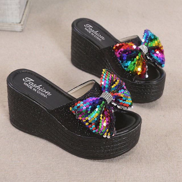 Sandalias Mujer Casual Peep Toe High Chunky Wedge Heels Shoes Lentejuelas Bow Slippers Wmkox8yii ytu4326