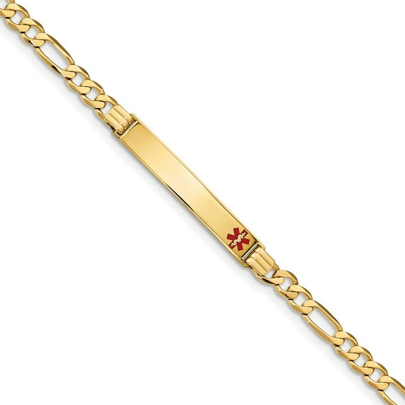 Solid 14k Yellow Gold Medical Red Enamel Flat Figaro Link ID Bracelet 7" - with Secure Lobster Lock Clasp (6.5mm)