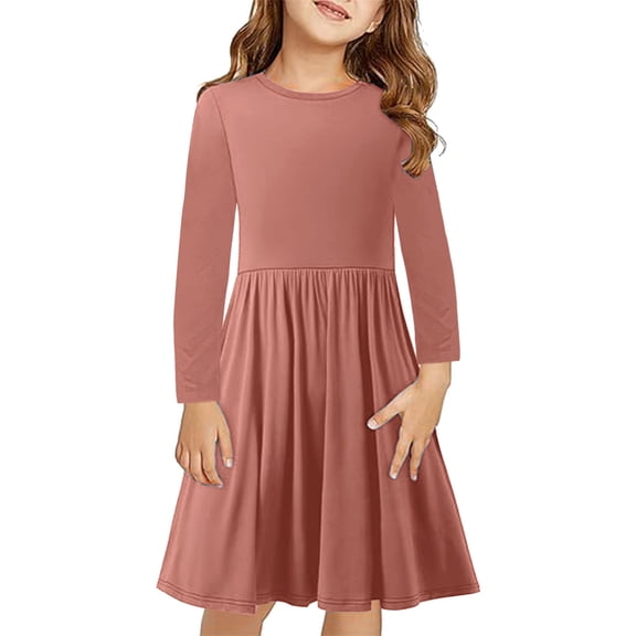 Zpanxa Girls' Dresses Girls' Long Sleeve Solid A-Line Dress Round Neck Gathered Waist Casual Daily Kids Outfit
