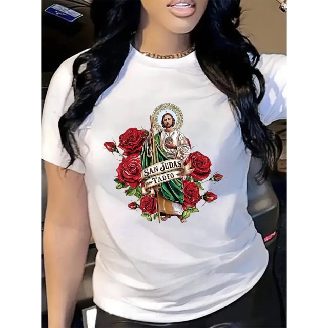 T-Shirt Graphique Saint Jude & Rose pour Femmes - Col Rond Décontracté, Manches Courtes, Mélange de Coton Extensible, Lavable en Machine - Idéal pour Toutes les Saisons