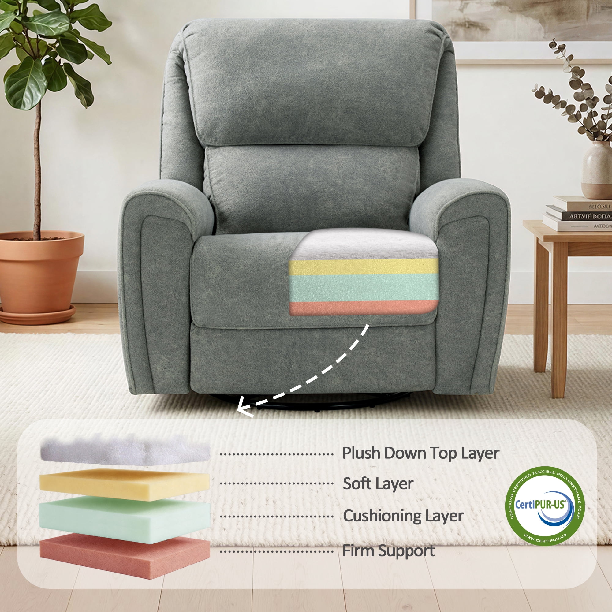 MCombo 400lbs Oversized Swivel Rocker Power Recliner Chair for Big and Tall People, Fabric, Light Grey