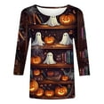 thumbnail image 3 of Oplxuo Funny Pumpkin Print Shirts for Women Halloween Spooky Skull Witch Graphic Tops 3/4 Length Sleeve Crew Neck Costumes, 3 of 4