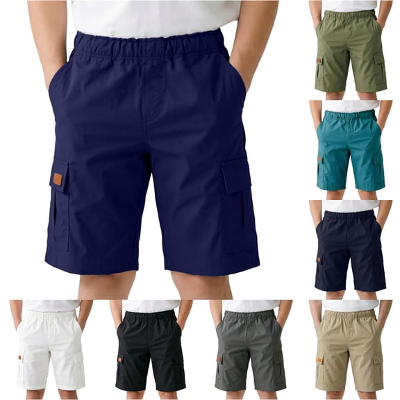 Boys Girls Relaxed‑Fit Solid‑Color School Cargo Shorts, Elastic Waist Multi‑Pocket Casual Summer Uniform Shorts