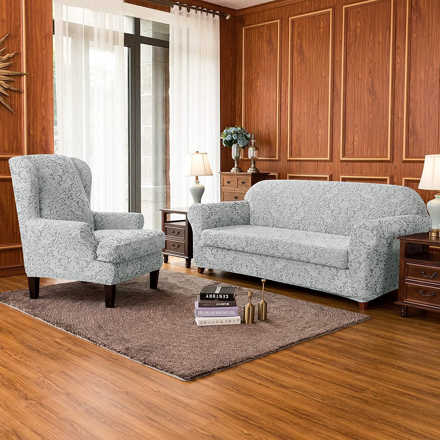 Subrtex Sofa Slipcover 2-Piece Jacquard Damask Couch Cover with Seat Cushion Stretch Furniture Protector for Armchair in Living Room for Kids, Pets (Small,Light Smoky Gray)
