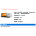 thumbnail image 2 of Right Headlight Assembly - Compatible with 1997 - 1998 Ford A9513, 2 of 2