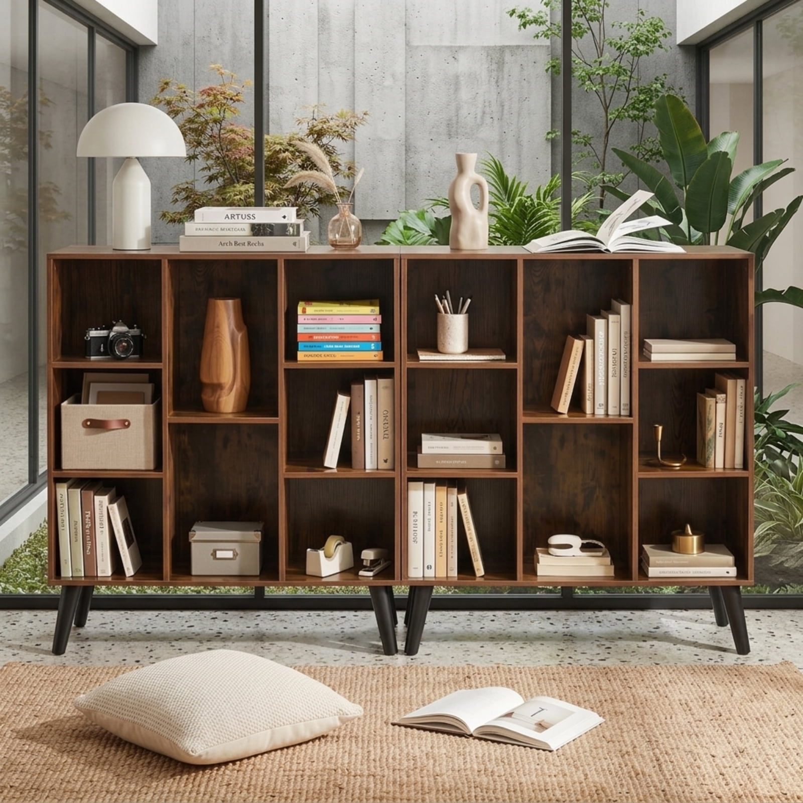 Furnibear 8-Cube Bookcase with Raised Support Legs and Anti-Tipping Kits Freestanding Wood Storage for Living Room and Study, Rustic Brown