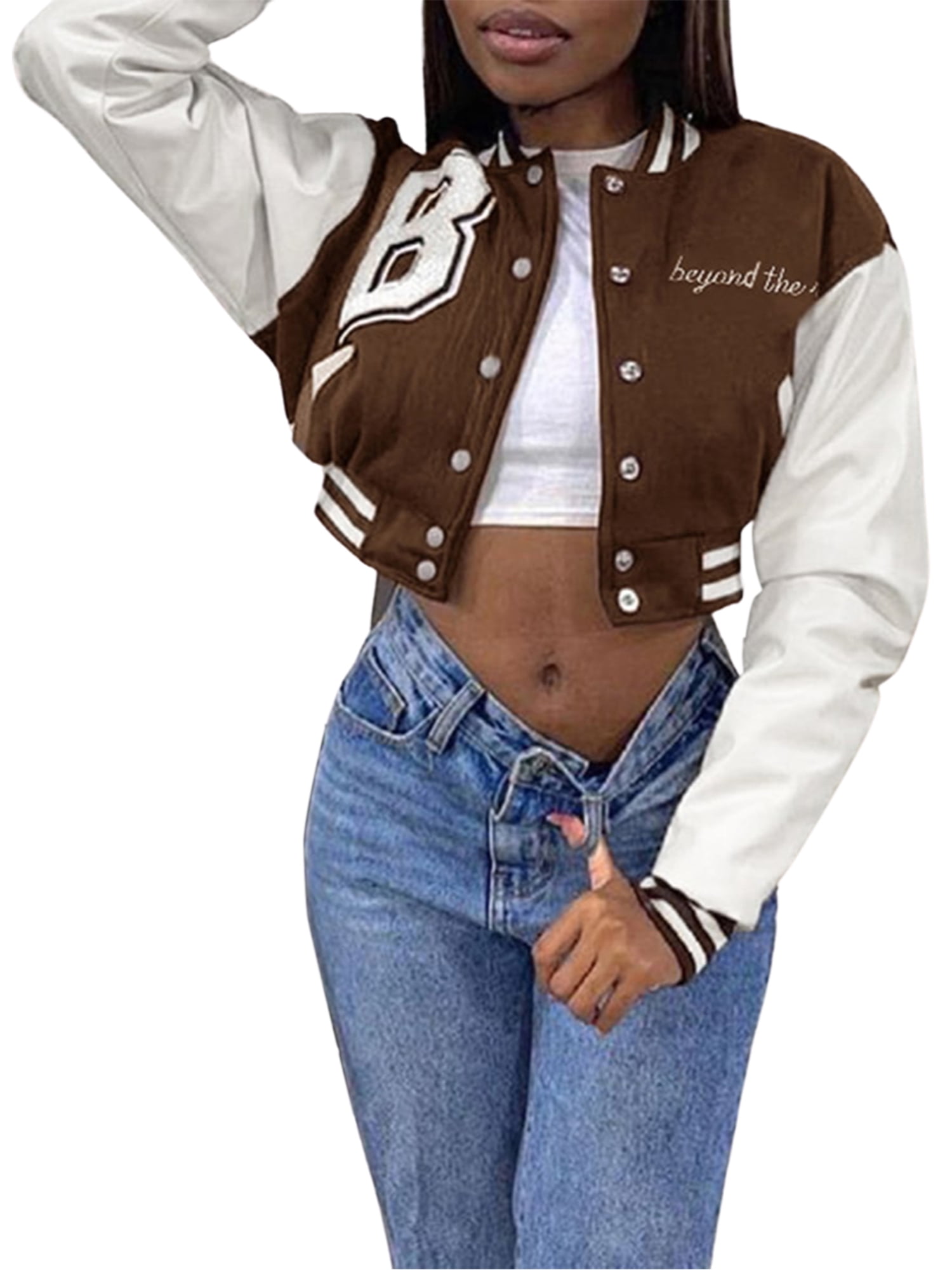 wybzd Women Varsity Jacket Sleeve Cropped Baseball Jacket Coats Y2k Streetwear Brown M - Walmart.com