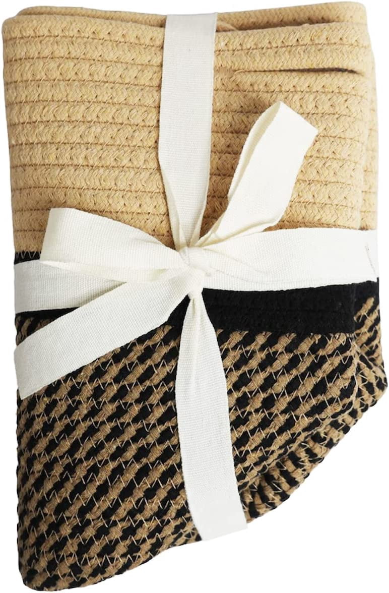omh ORGANIZE MY HOME Decorative Baskets for Plants| 9- & 11-inch Pots for Indoor Plants | Floor Planter Pot Cover | Rope Plant Basket for Indoor (Small 9" Round, Tan/Black)