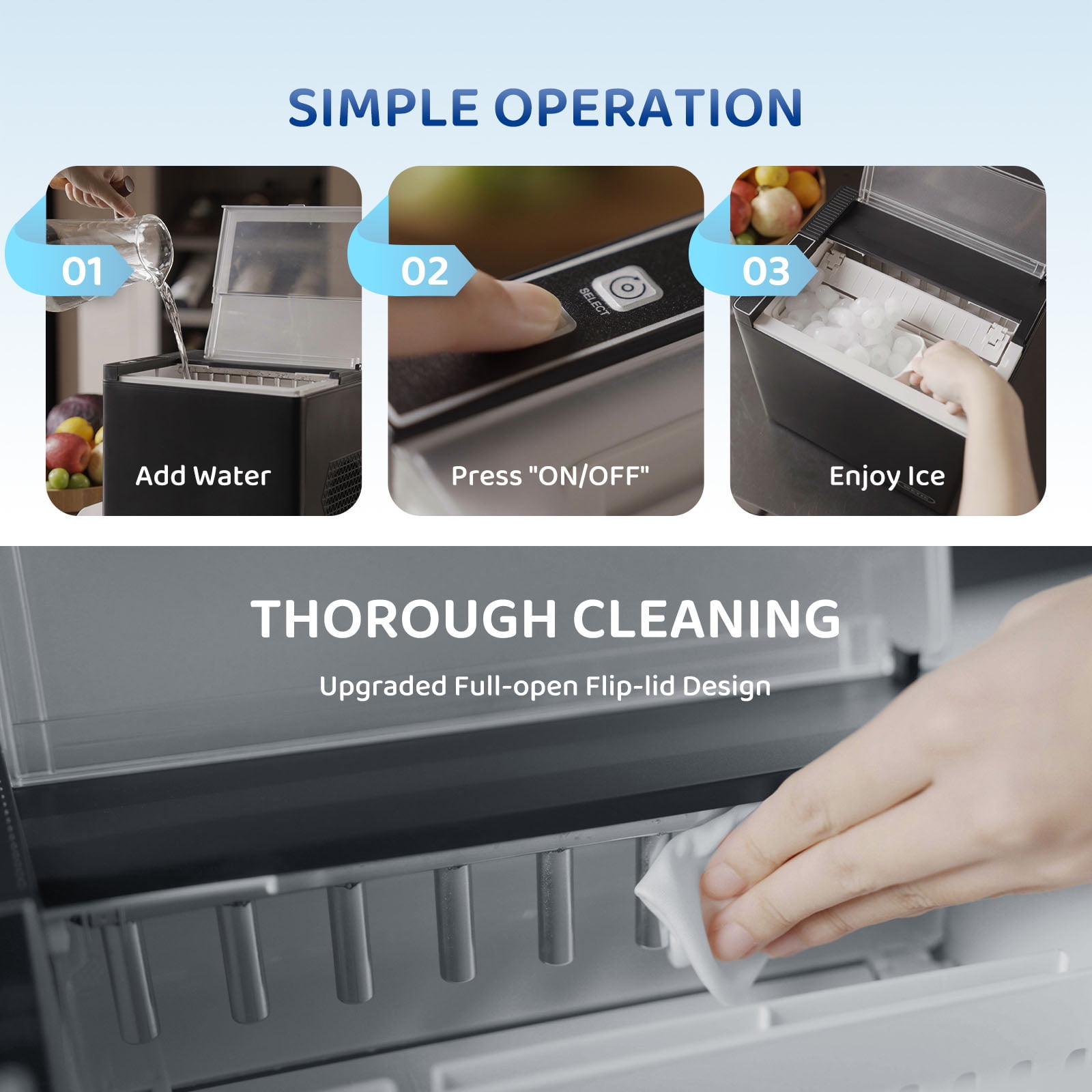 WETIE Countertop Ice Maker, 9 Bullet Ice Cubes in 6 Mins, 2 Ice Sizes, 26 lbs/24H with Removable & Washable Ice Tray & Scoop, with Self-Cleaning Function for Home/Kitchen/Camping/Party