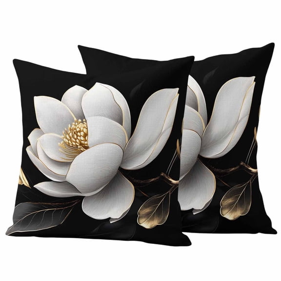 2 Pack Outdoor Waterproof Throw Pillow Covers,Spring White Floral Flower on Black Decorative Square Patio Pillowcases for Chair Couch Sofa 16x16in