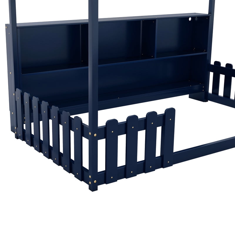 Mirightone Twin Size House Bed frame, Twin Floor Bed with High Rails & Storage Shelves, Montessori Bed with LED Light, Solid Wood House Floor Bed (Blue)
