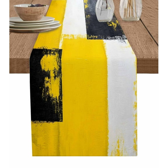 Table Runner Yellow Black Block Table Decoration for Kitchen Dinning Abstract Art Table Decoration for Indoor Outdoor Party Wedding Decor 13x90inch