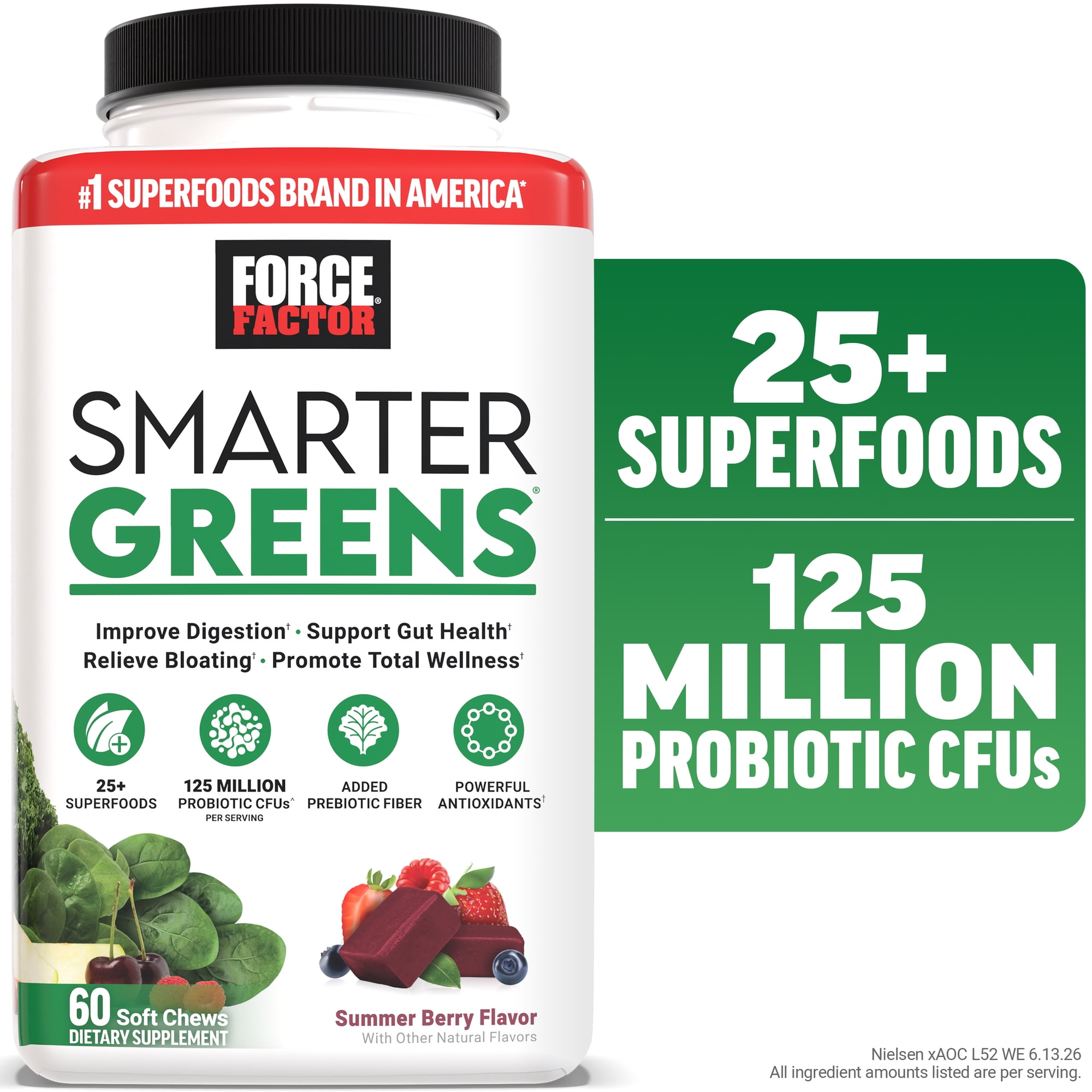 Force Factor Smarter Greens Supplement with Probiotics, Antioxidants & Fiber for Bloating, Digestion, Gut Health & Energy, Summer Berry, 60 Soft Chews