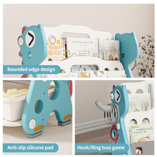 UNICOO® Kids Baby Dragon 2 Tier Bookshelf with 3 Toy Storage Bins, Children Bookshelf & Toy Organizer (Green)