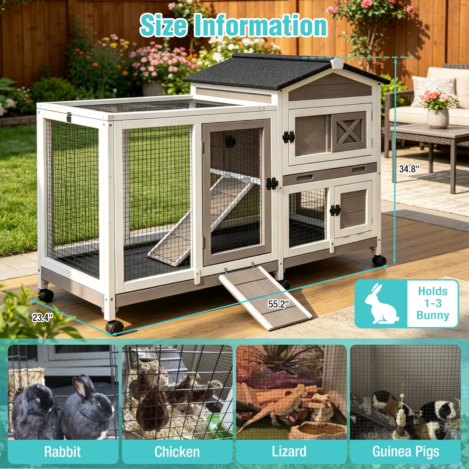 Aivituvin 60" Rabbit Hutch with Chew-Proof Ramp & Waterproof Roof Indoor/Outdoor Bunny Cage, 2-Story Rabbit House with with 6 Lockable Wheels & 3 Leak-Resistant Trays Brown