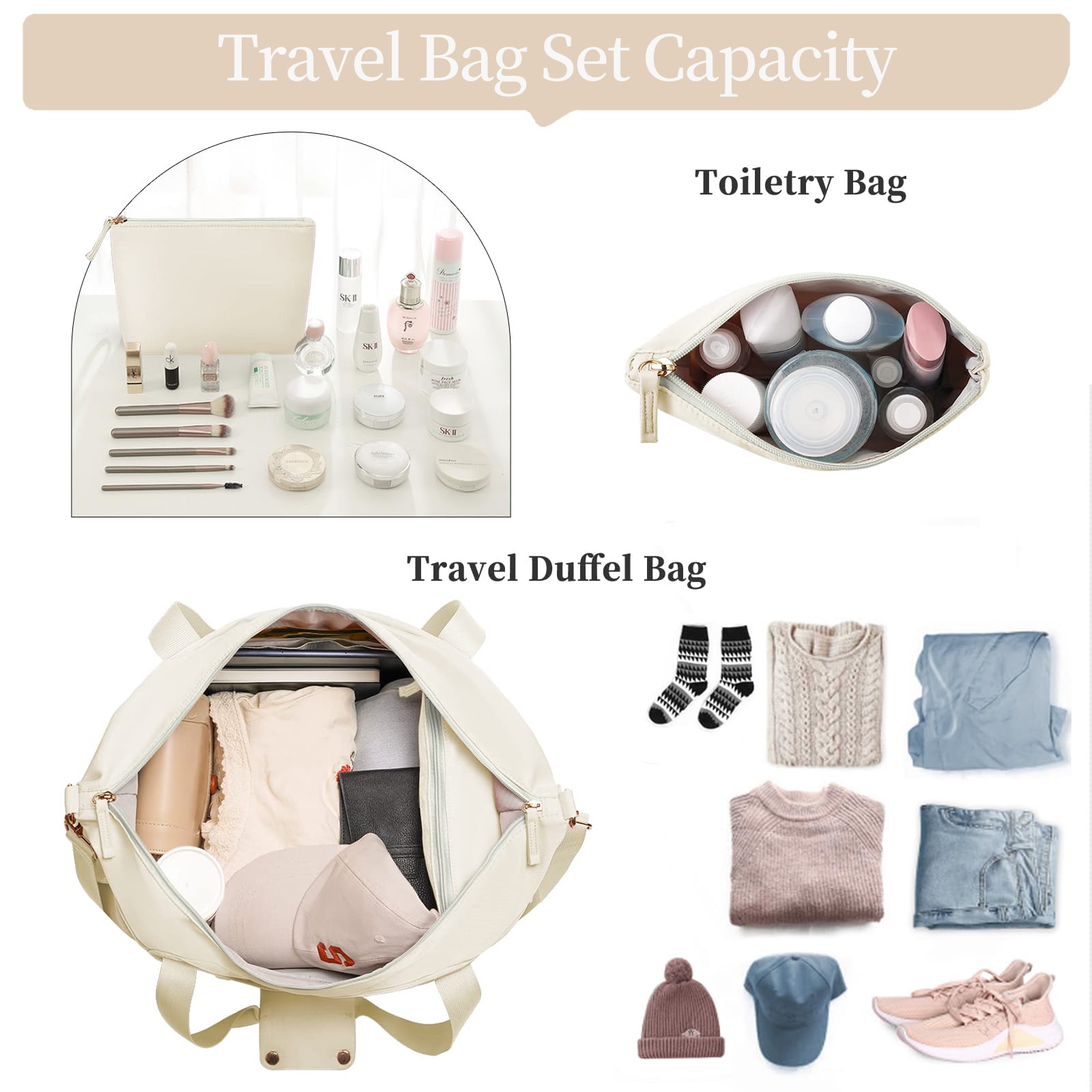 DAKIMOE Travel Duffel Bag for Women Gym Bag with USB Charging Port Large Weekender Overnight Bag Yoga Duffle Bags with Wet Pocket and Shoes Compartment, Beige