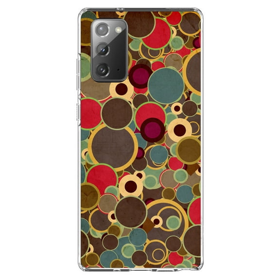 DistinctInk Clear Shockproof Hybrid Case for Galaxy Note 20 ULTRA (6.9" Screen) - TPU Bumper, Acrylic Back, Tempered Glass Screen Protector - Brown Red Yellow Circles - Relive the 80's