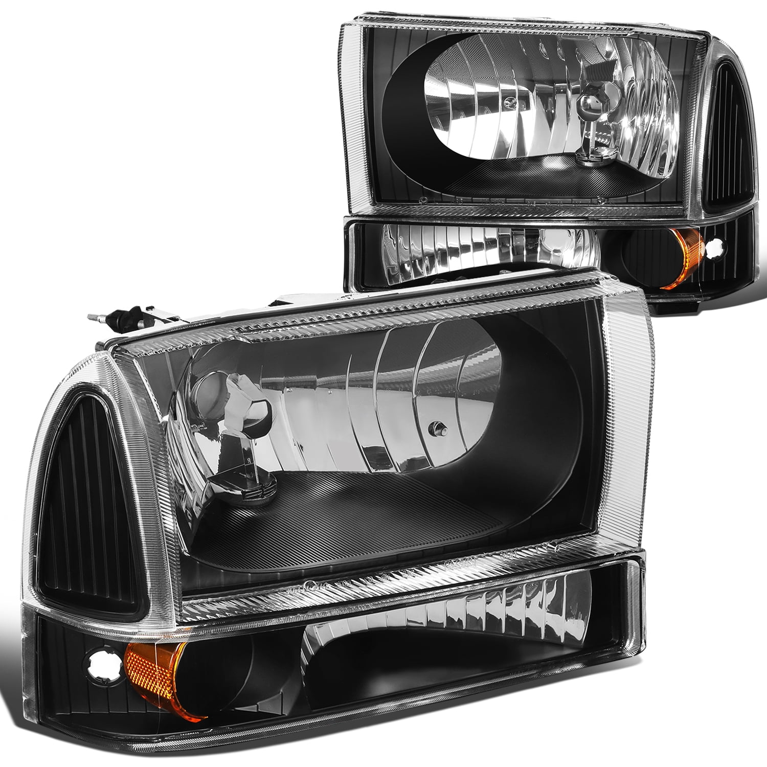 DNA Motoring HL-OH-F99SD4P-BK-CL1 Black Housing Headlights Replacement For 99-04 F250 F350 F450 F550 SD 