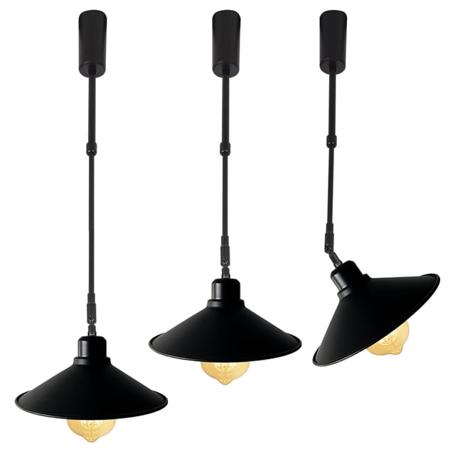 FSLiving Adjustable Height Track Pendnat Light H-Type Industrial Retractable Track Spotlight with Telescoping Rod Gimbaled Lamp-Post Halo Track Instant On Matte Black Cone Cover Lamp, 3 Lights