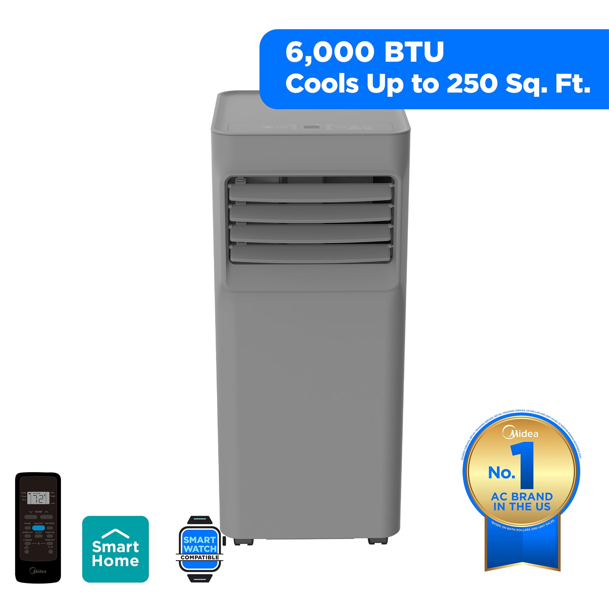 Midea 6,000 BTU Portable Air Conditioner with Wi‑Fi, 2‑Speed, 250 Sq Ft Coverage, Gray