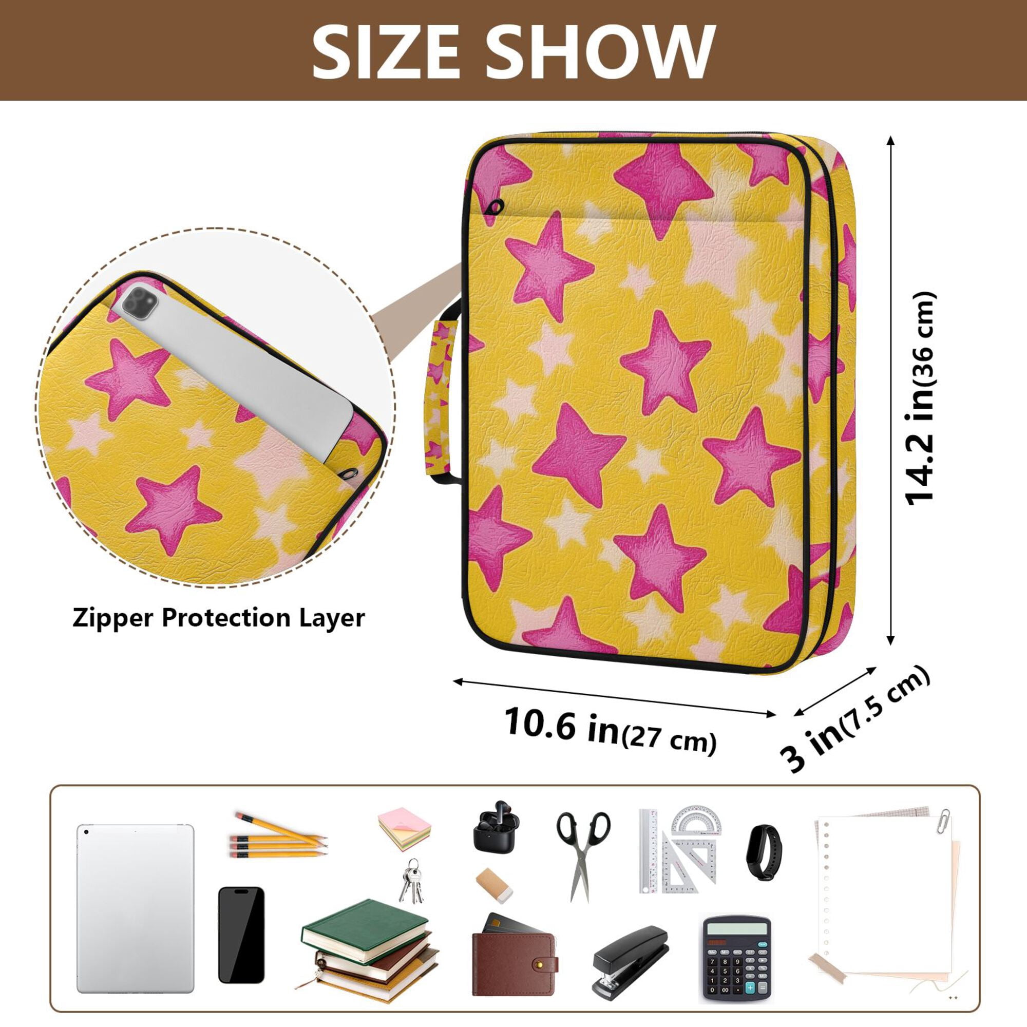 FORMRS Accordion File Folder A4 Size 7-Pocket Expanding Document Organizer Bag with 3 Ring Binder, Large Pink Stars
