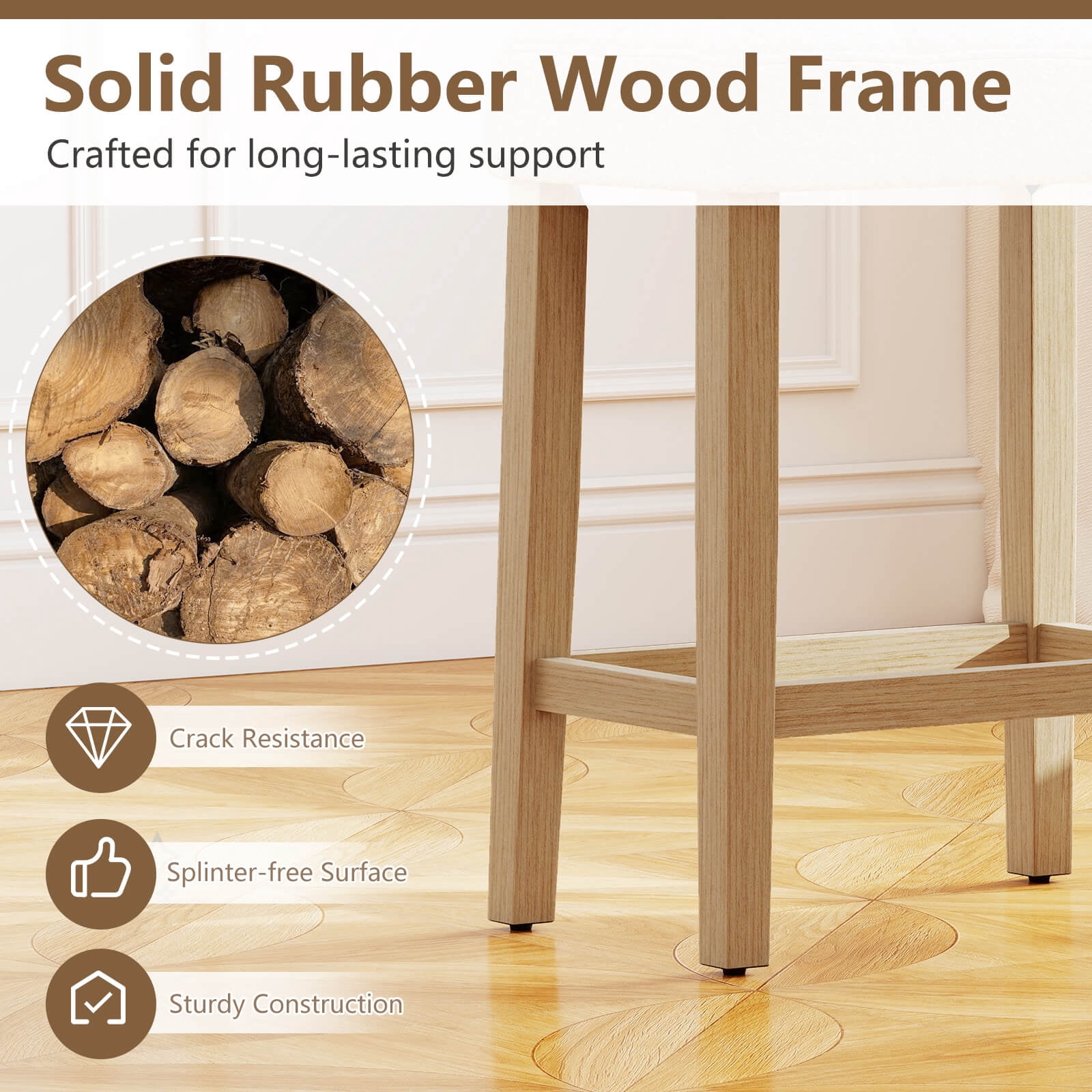 Costway Counter Height Bar Stools Set of 2 with Rubber Wood Legs Footrest Modern for Home Beige