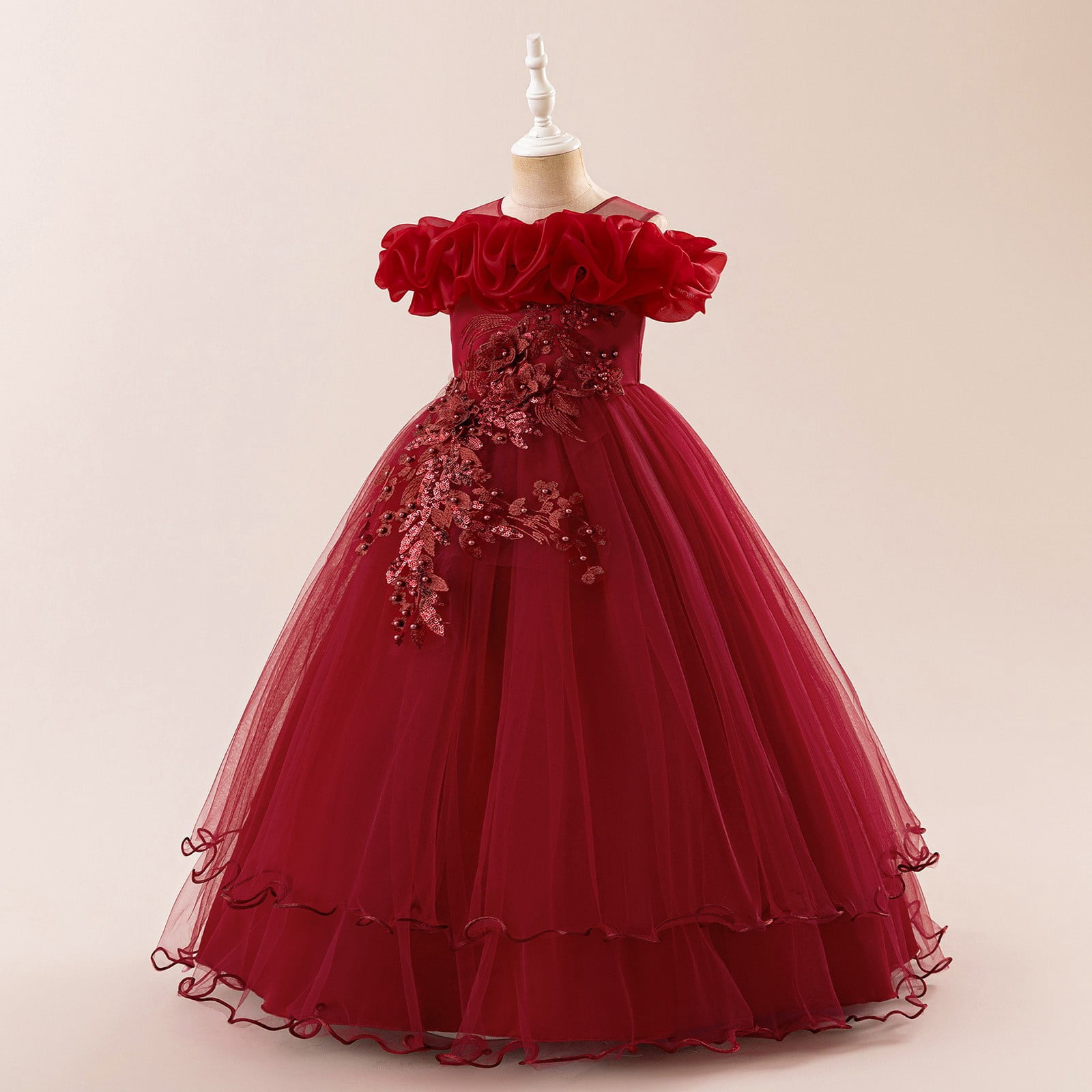 Wdgfv Elegant Off Shoulder Girls Dresses Tutu Skirt For Wedding Party Pageant Casual Wear Floral Appliques Gown Ages 7-12 Red 12 Years