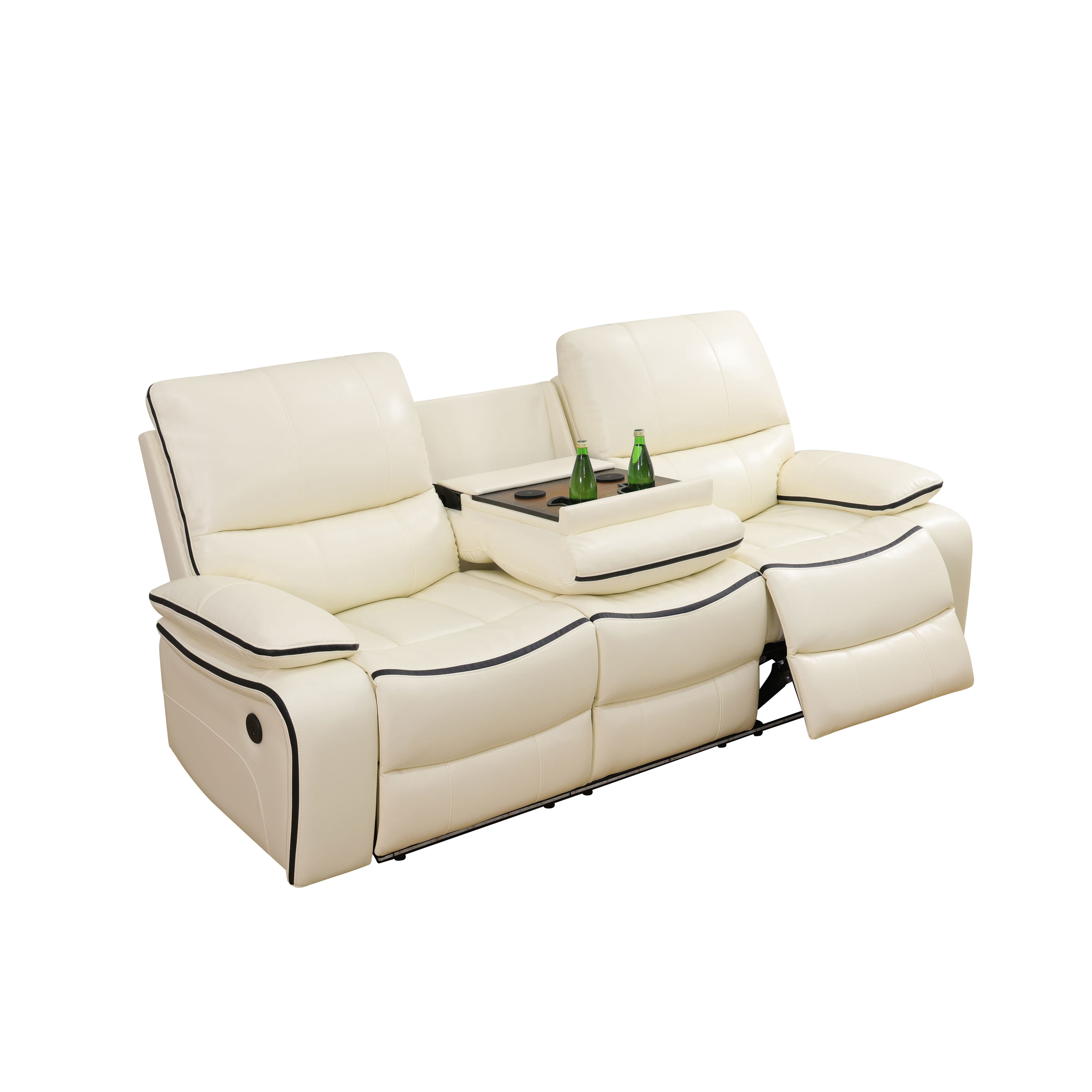 MAYEERTY Power Reclining Sofa, Electric 3-Seat Leather Recliner with USB Charging, Reversible Table & LED Lighting for Living Room, Off-White