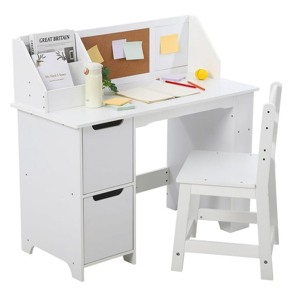 TROPOW Kids Study Desk and Chair Set, Wooden School Learning Table with Storage, Hutch and Bulletin Board, Children Computer Desk with Chair, Small Toddler Desk for Home, School, White