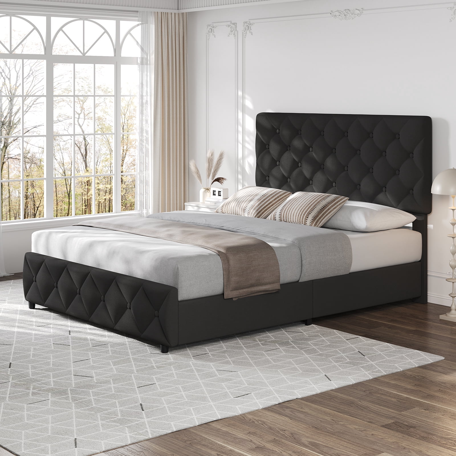 Shininglove Full Size Bed Frame with Storage - Linen Upholstered Platform Bed, 4 Spacious Drawers, Diamond Tufted Headboard, No Box Spring Needed(Black)