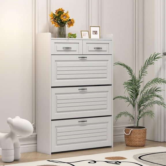 PORKISS Shoe Cabinet, Wooden Entryway Cabinet with Doors and Drawers, 49.2'' Shoe Storage with Large Space, Freestanding Shoe Rack for Home, White