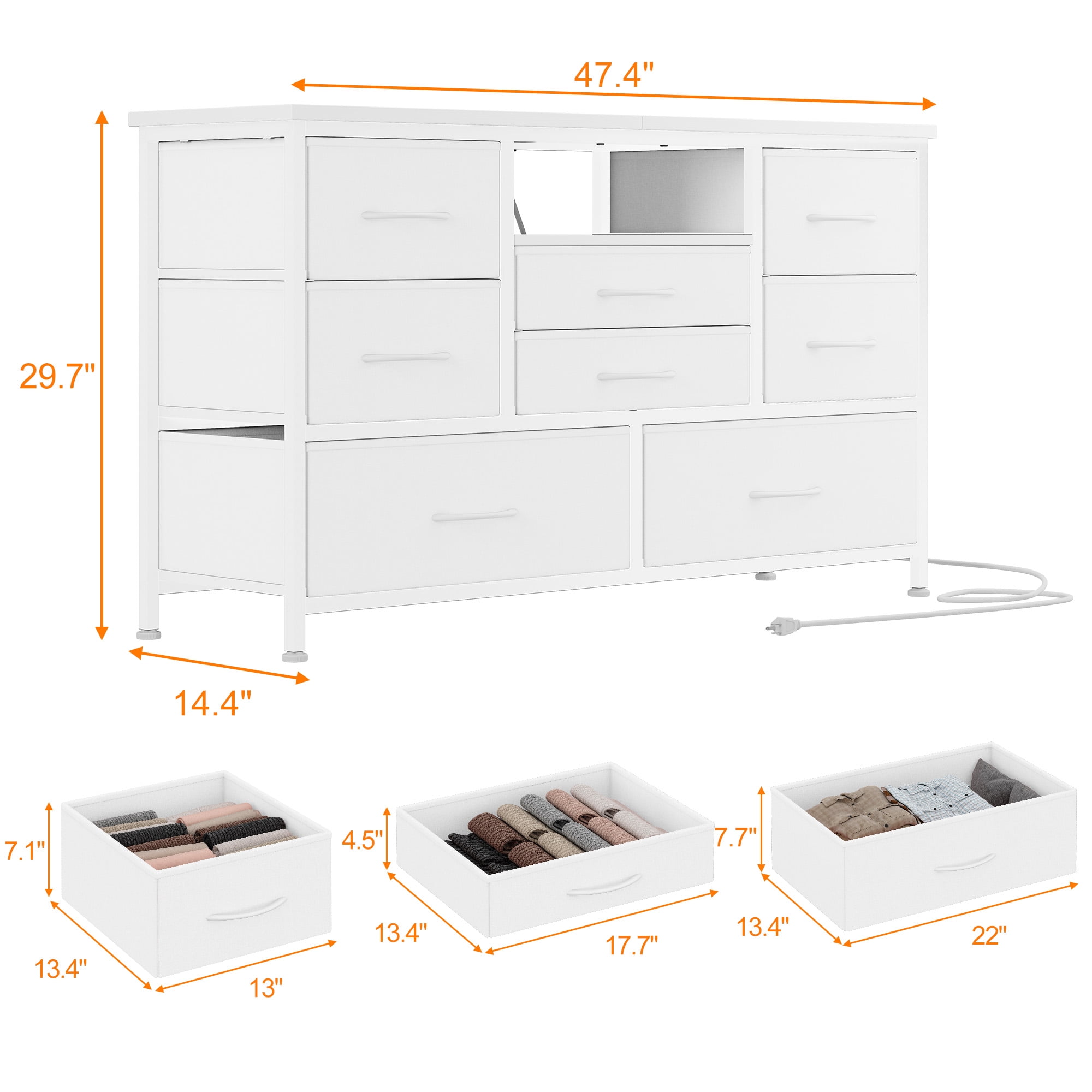 KOKEBREN 47.4"Wide Dressers for Bedroom 8 Fabric Drawers Dresser with LED lights & Power Outlet TV Stand for 55" TV,White