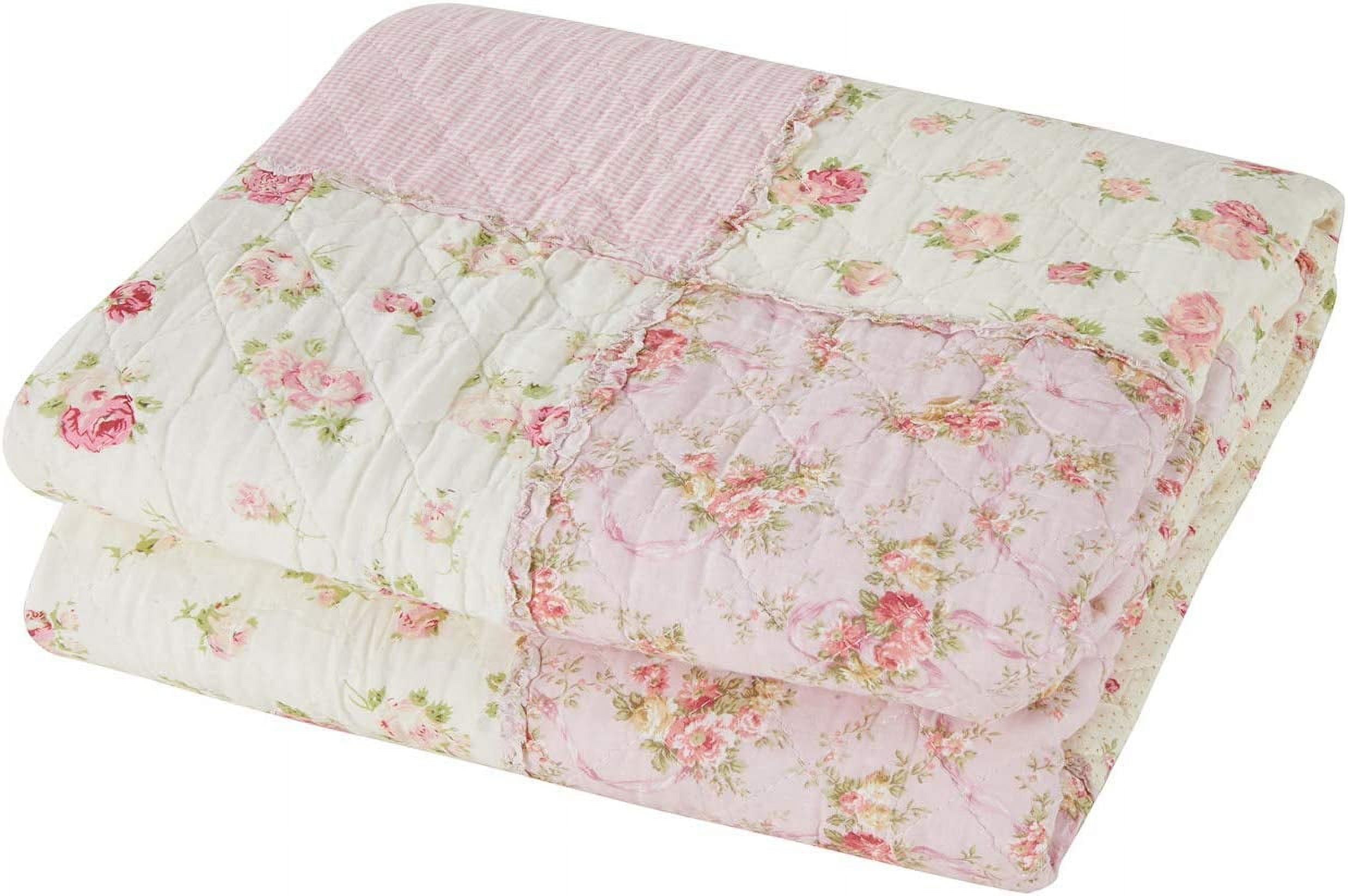 Original 100% Cotton Patchwork Quilt Twin Size Pink Floral Bedspread Coverlet Reversible Vintage Shabby Chic Quilted Throw Blanket Bed Quilt Cover for Couch Sofa