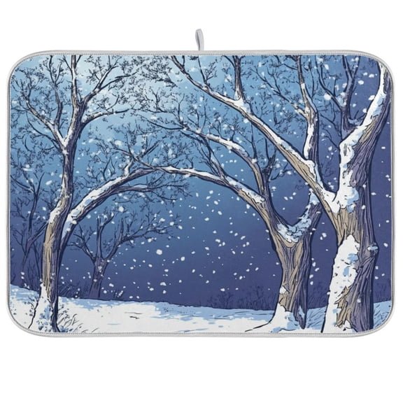 Trees Winter Dish Drying Mat Dish Drainer Rack Mats Water Absorbent Non-Slip Easy Clean Heat Resistant for Kitchen Counter