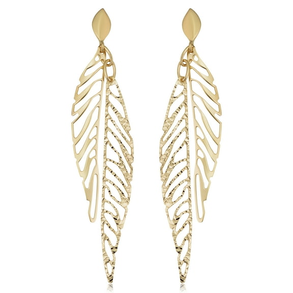 KoolJewelry 14k Yellow Gold Diamond-cut Leaf Dangle Earrings