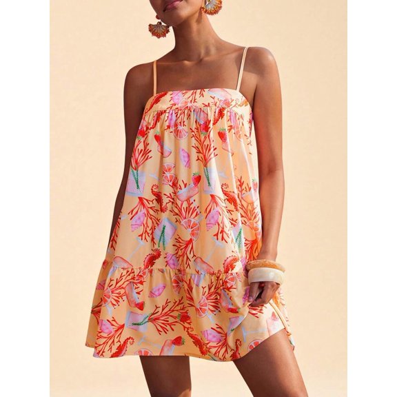 Orange All-Over Tropical Print Spaghetti Strap Tiered Mini Sundress For Women, Boho Vacation Dress