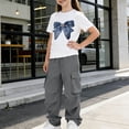 thumbnail image 4 of CYRBOKO Girls Outfit Sets, Elastic Waist Short Sleeve Two-piece Casual T-Shirts with Wide-leg Pants Gray Size 5-6 T, 4 of 7