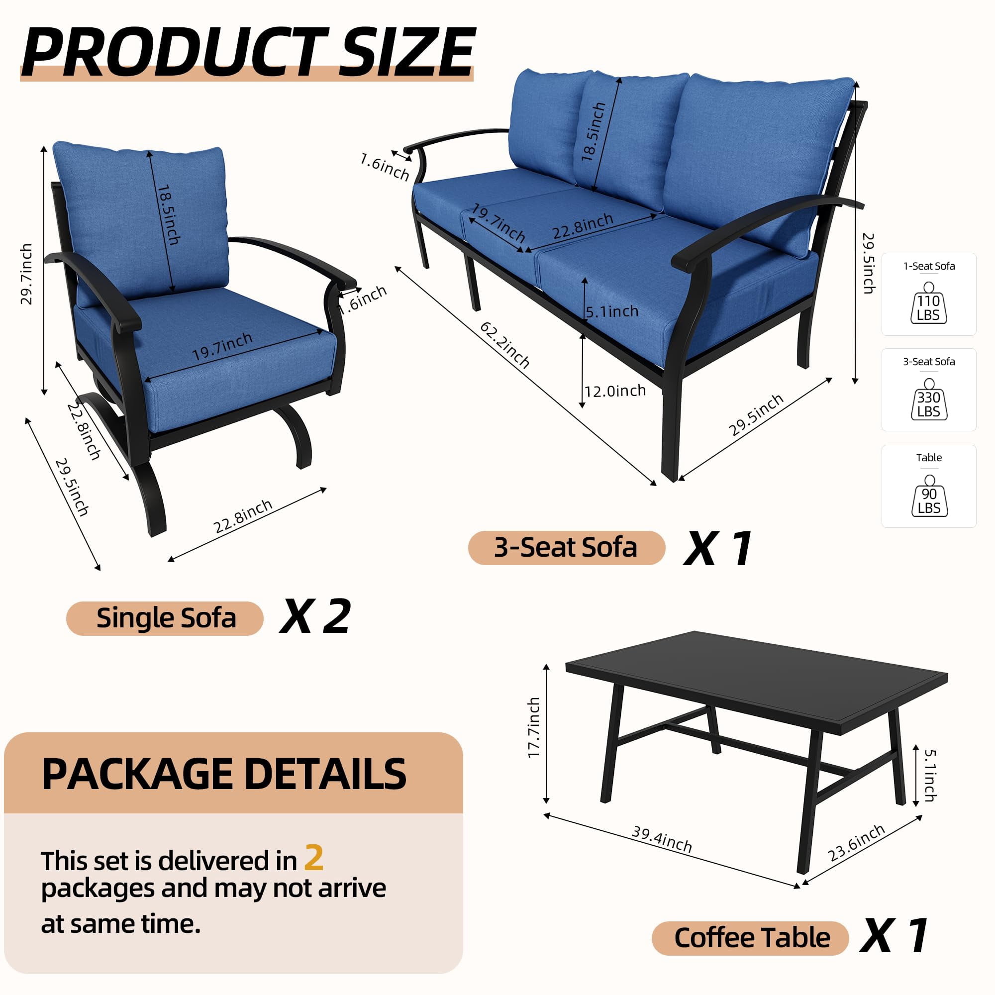 Gotland Metal Patio Furniture Set 5-Seat Modern Metal Bistro Set Outdoor Conversation Sets, 2 Piece Patio Rocker Chairs with Thick Cushion and Coffee Table for Garden Backyard Deck Lawn, Navy Blue