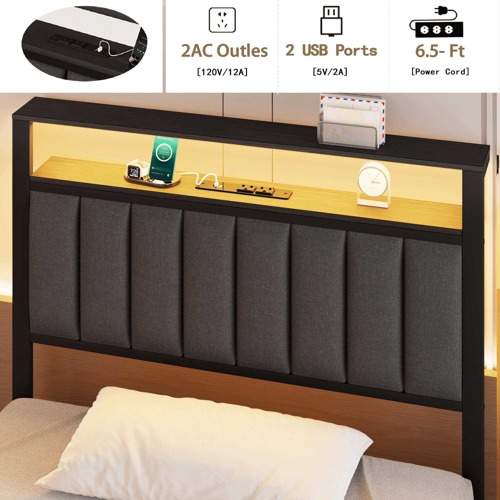 Tydimor Twin Size Platforrm Bed Frame with Charging Station, LED Standard Storage Space Bed for Bedroom, No Box Spring Needed